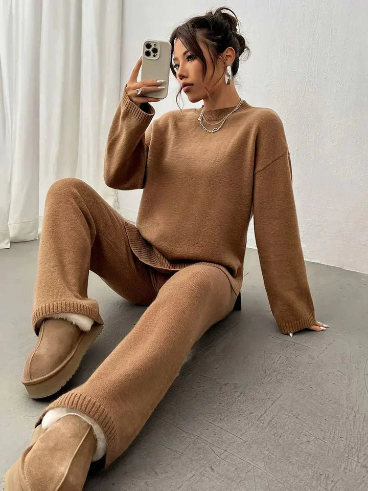 Cara | Mock Neck Oversized Knit Sweater & Wide Leg Knit Trouser Lounge Set