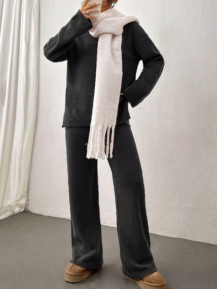 Cara | Mock Neck Oversized Knit Sweater & Wide Leg Knit Trouser Lounge Set