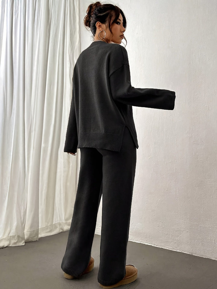 Cara | Mock Neck Oversized Knit Sweater & Wide Leg Knit Trouser Lounge Set
