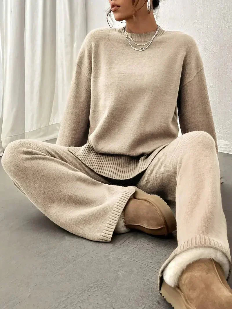 Cara | Mock Neck Oversized Knit Sweater & Wide Leg Knit Trouser Lounge Set
