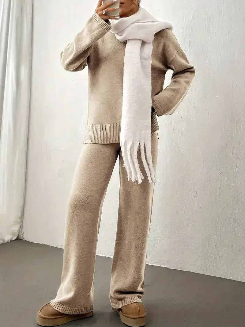 Cara | Mock Neck Oversized Knit Sweater & Wide Leg Knit Trouser Lounge Set