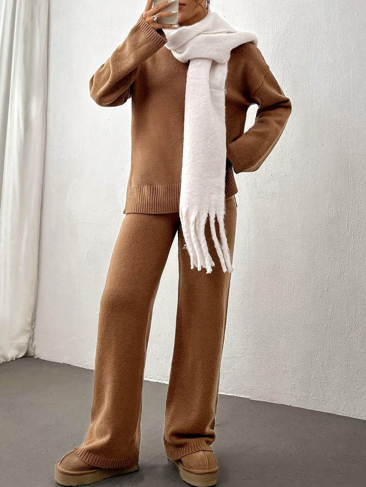 Cara | Mock Neck Oversized Knit Sweater & Wide Leg Knit Trouser Lounge Set