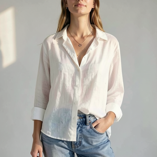 Claire White Linen Relaxed Button-Down Blouse