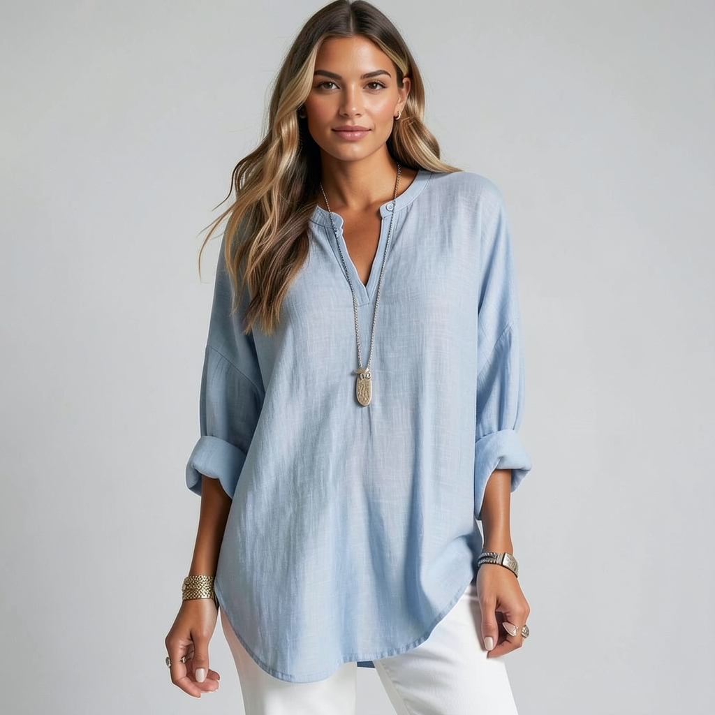Sky Powder Blue Linen V-Neck Oversized Tunic Blouse