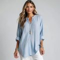 Sky Powder Blue Linen V-Neck Oversized Tunic Blouse