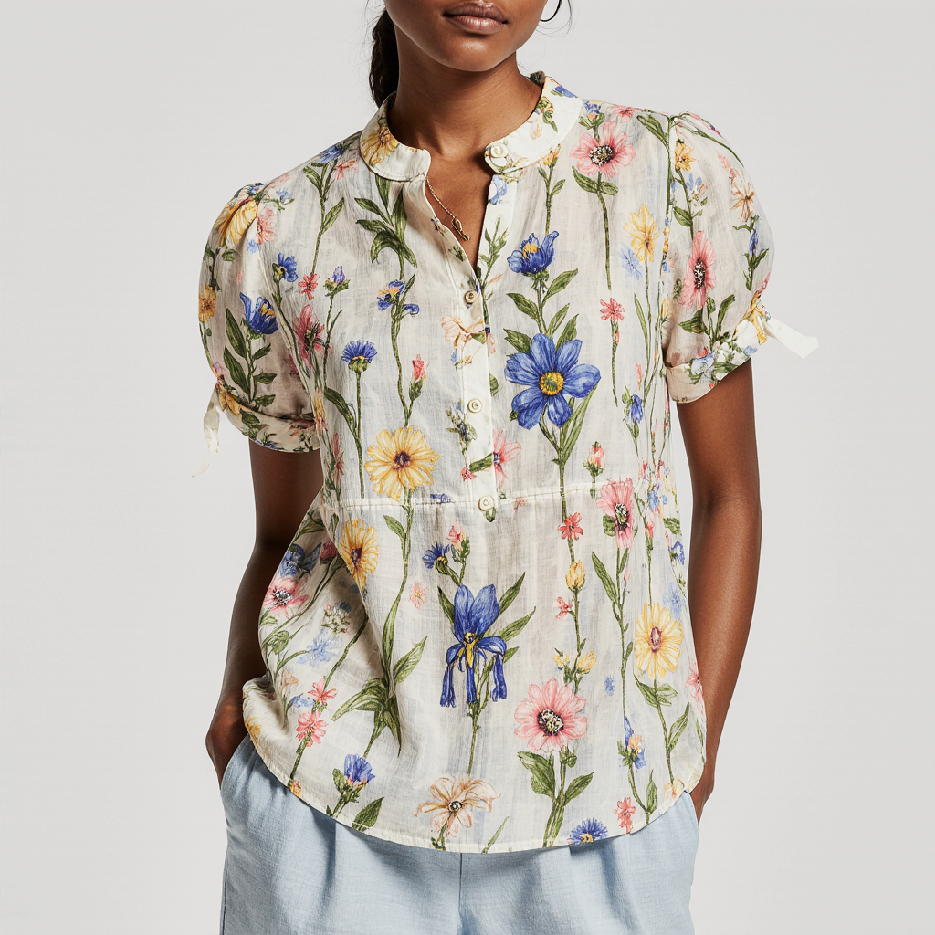 Meadow Ivory Wildflower Print Puff Sleeve Linen Blouse