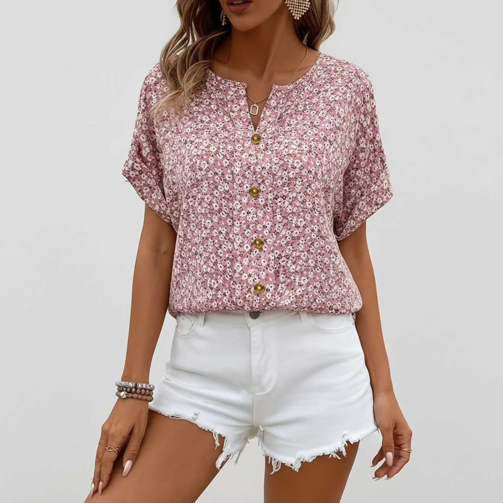 Poppy Pink Ditsy Floral Button-Front Short Sleeve Blouse