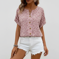 Poppy Pink Ditsy Floral Button-Front Short Sleeve Blouse