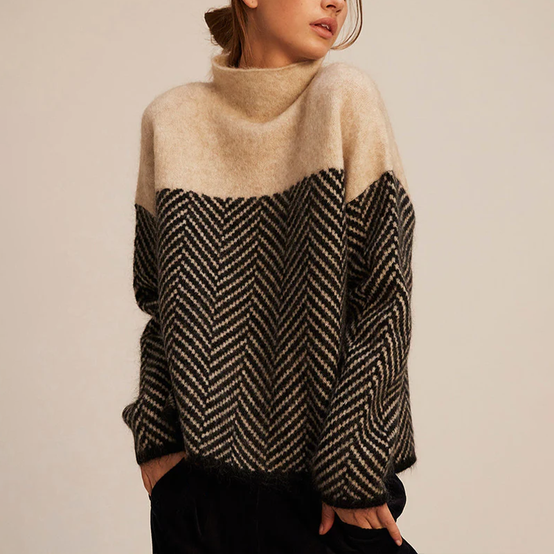 Wilma | Roll Neck Herringbone Colour Block Jumper