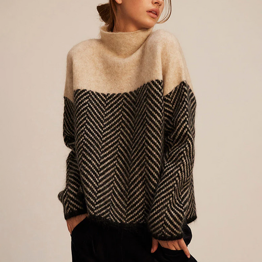 Wilma | Roll Neck Herringbone Colour Block Jumper