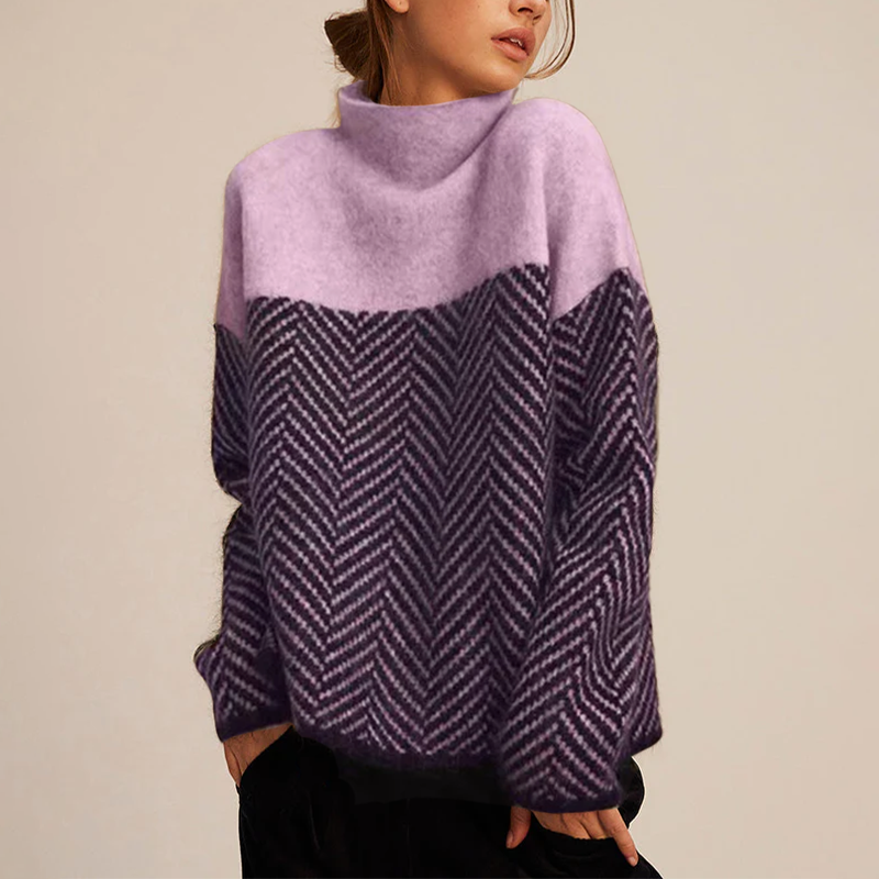 Wilma | Roll Neck Herringbone Colour Block Jumper