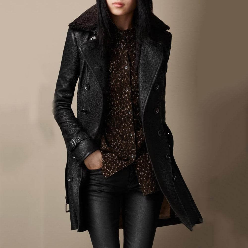 Hana | Women's Shearling Collar Longline Leather Coat