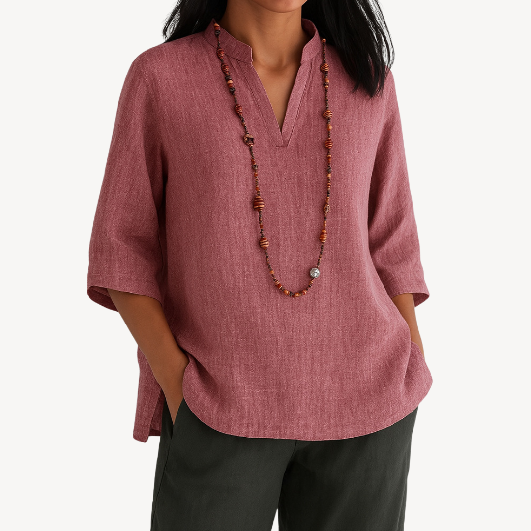 Mara | Stand Collar V-Neck Three-Quarter Sleeve Relaxed Linen Tunic Top