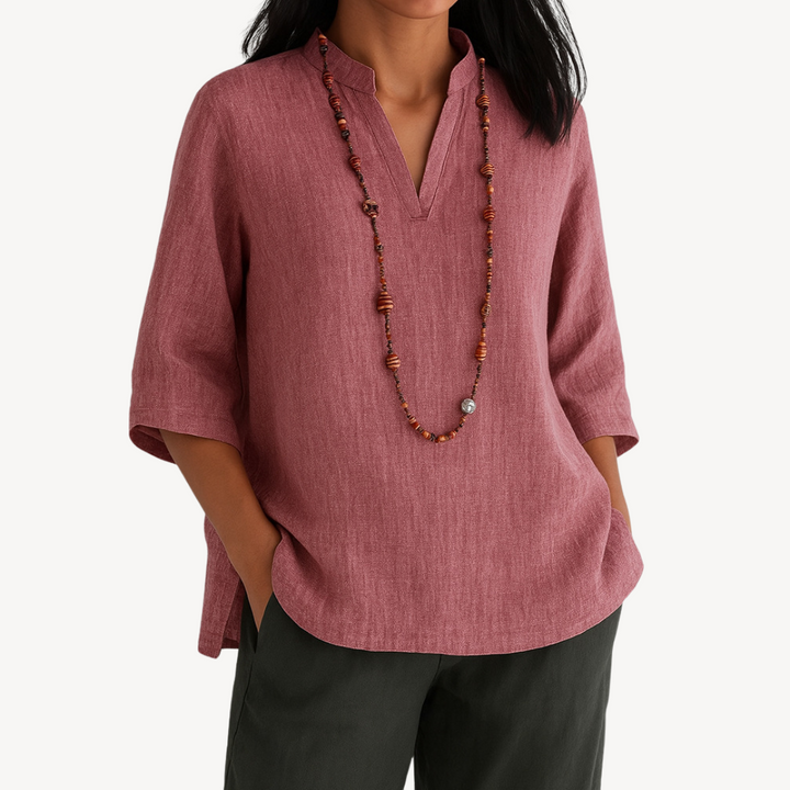 Mara | Stand Collar V-Neck Three-Quarter Sleeve Relaxed Linen Tunic Top