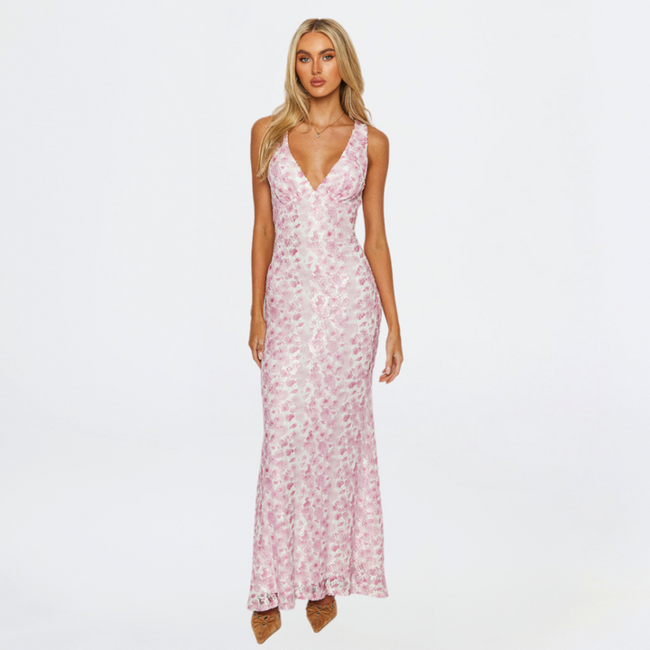 Rosalie | Floral Lace Plunge Neck Maxi Dress