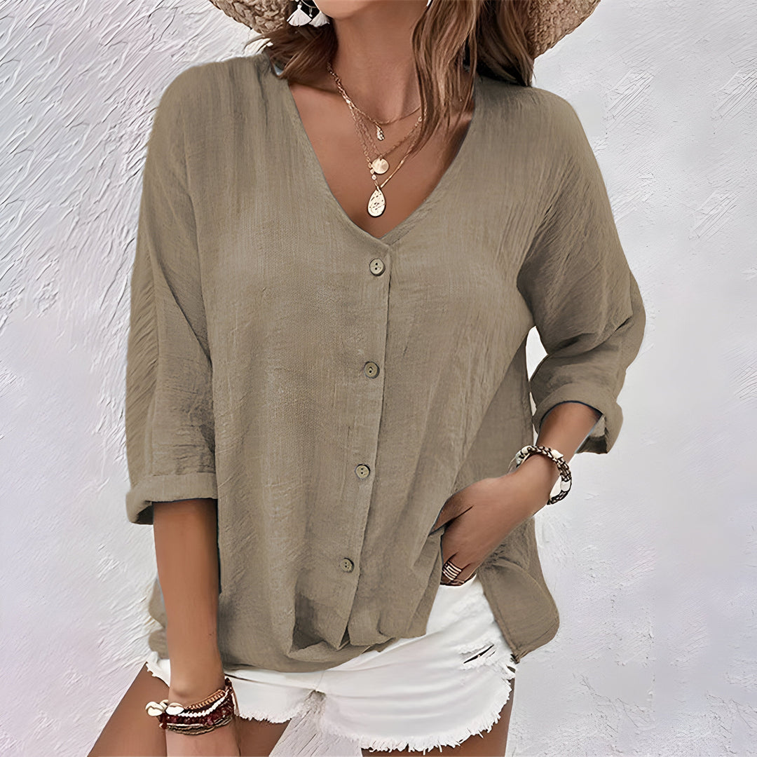 Lola | V-Neck Button-Front Three-Quarter Sleeve Relaxed Linen Shirt