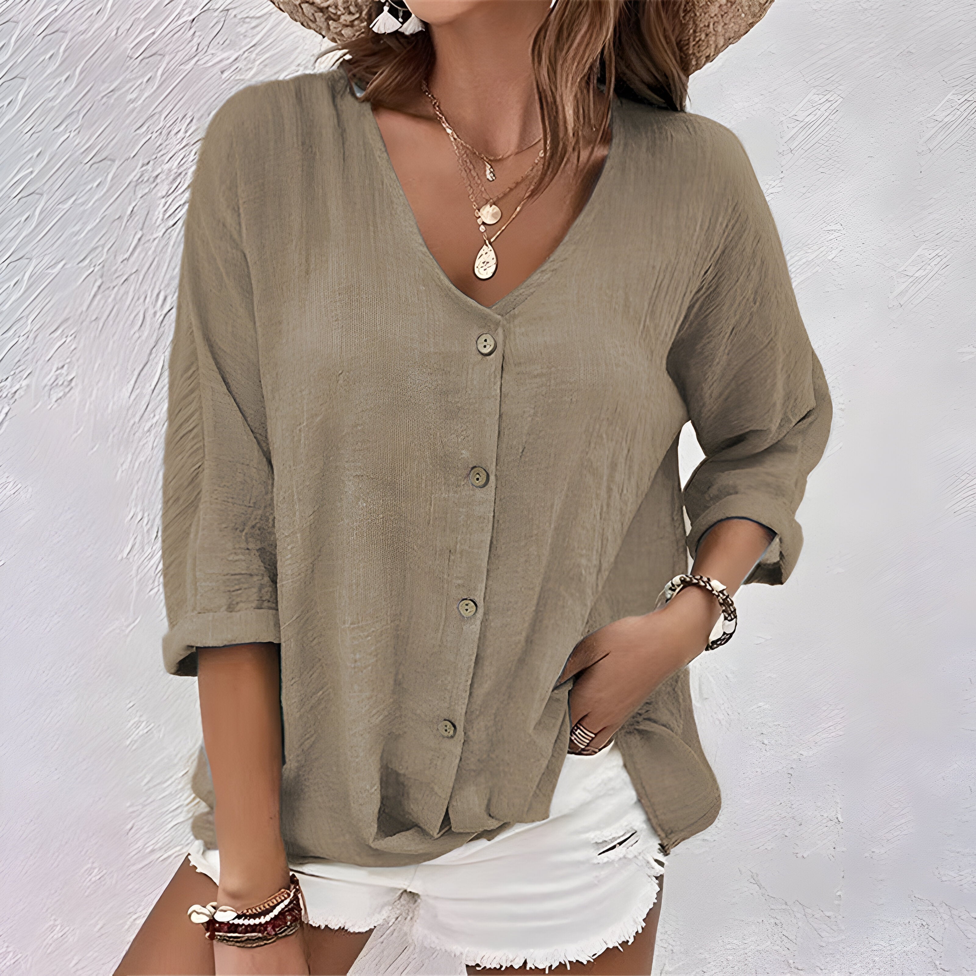 Lola | V-Neck Button-Front Three-Quarter Sleeve Relaxed Linen Shirt