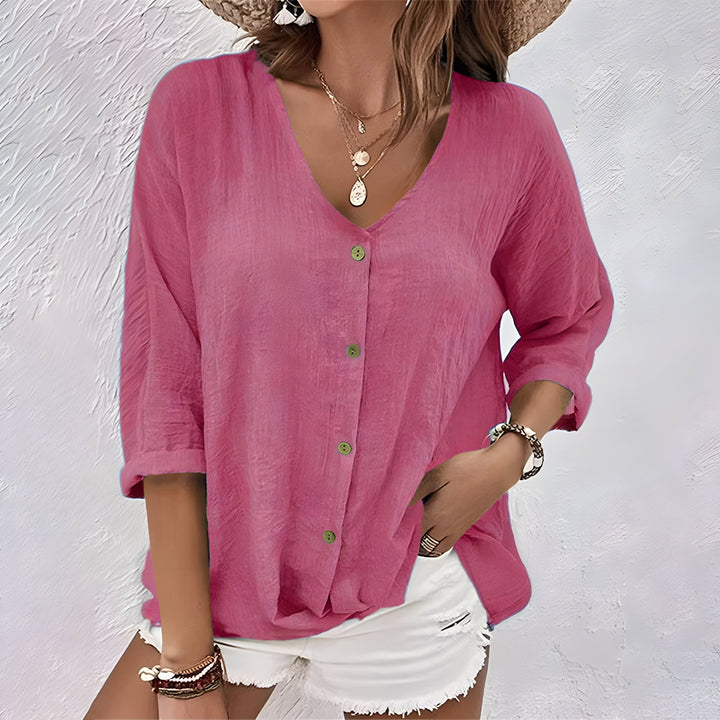 Lola | V-Neck Button-Front Three-Quarter Sleeve Relaxed Linen Shirt