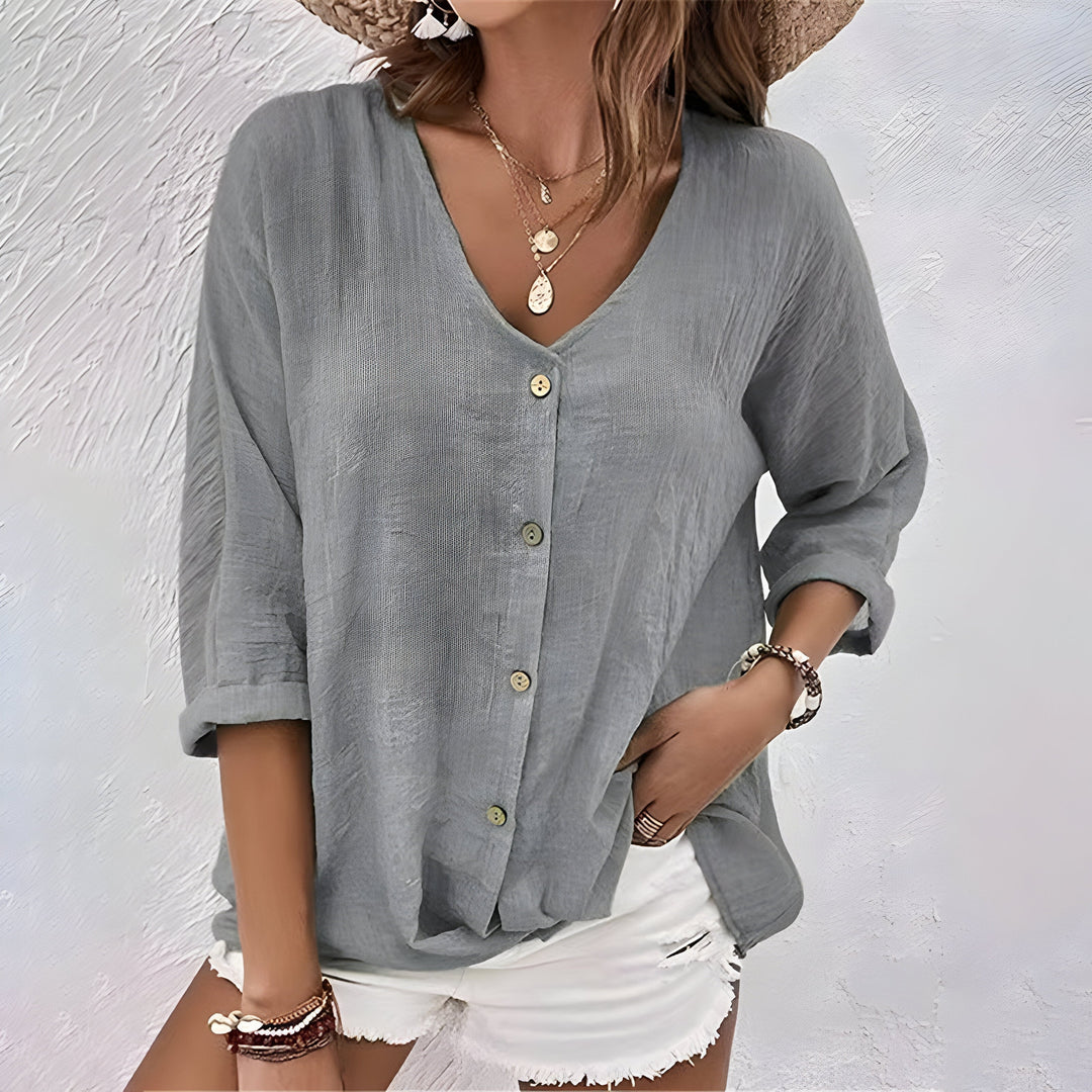 Lola | V-Neck Button-Front Three-Quarter Sleeve Relaxed Linen Shirt