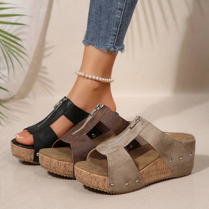 Ava | Zip-Front Cork Wedge Open-Toe Sandal
