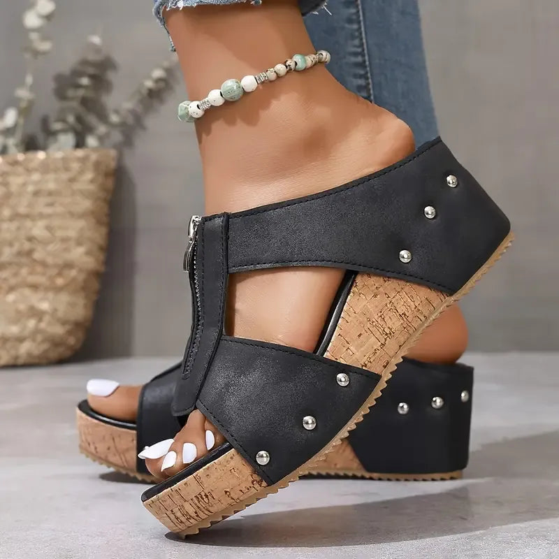 Ava | Zip-Front Cork Wedge Open-Toe Sandal