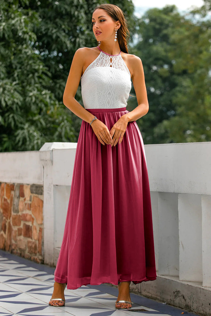 Isabelle | Lace Halter Neck Chiffon Maxi Dress