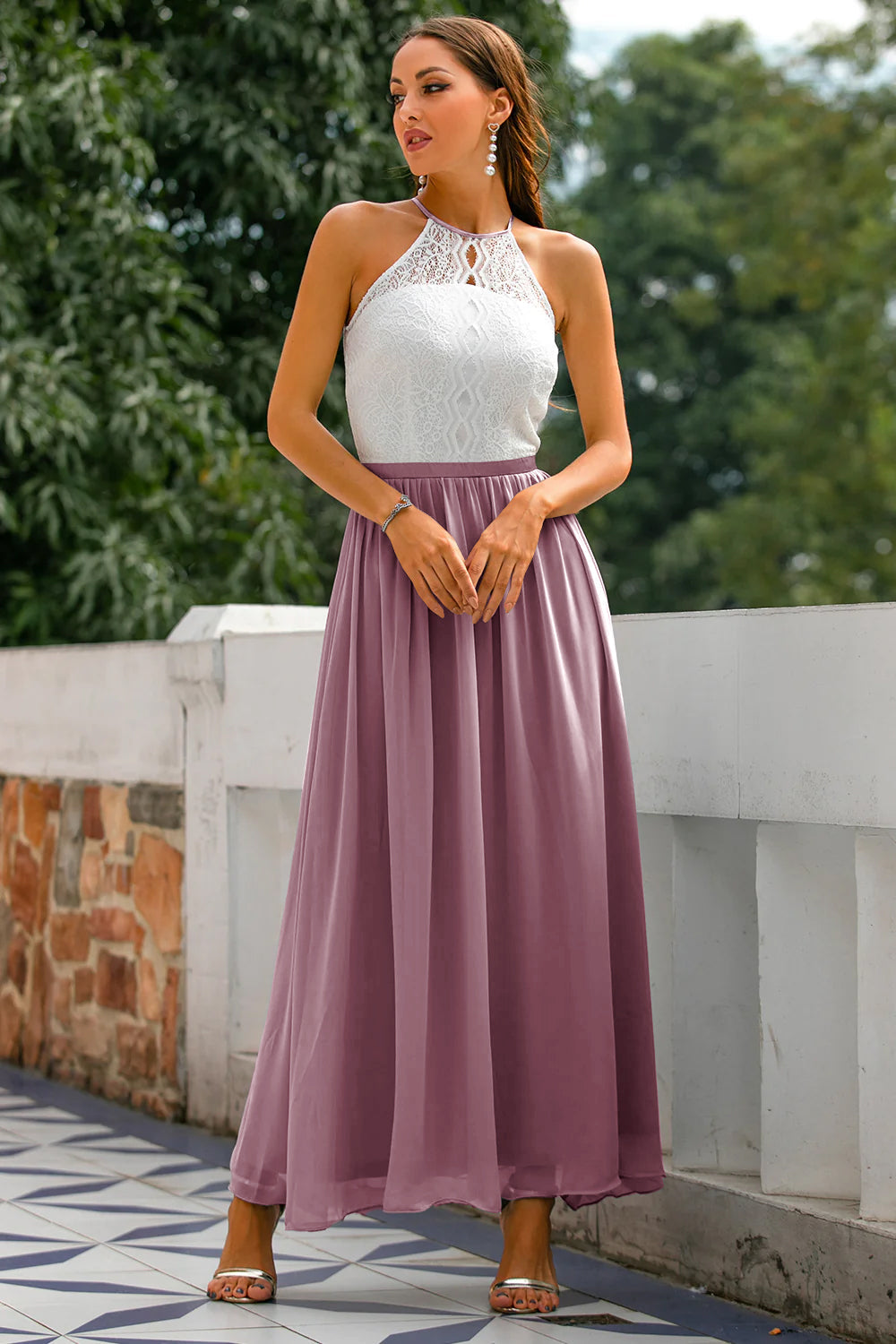 Isabelle | Lace Halter Neck Chiffon Maxi Dress