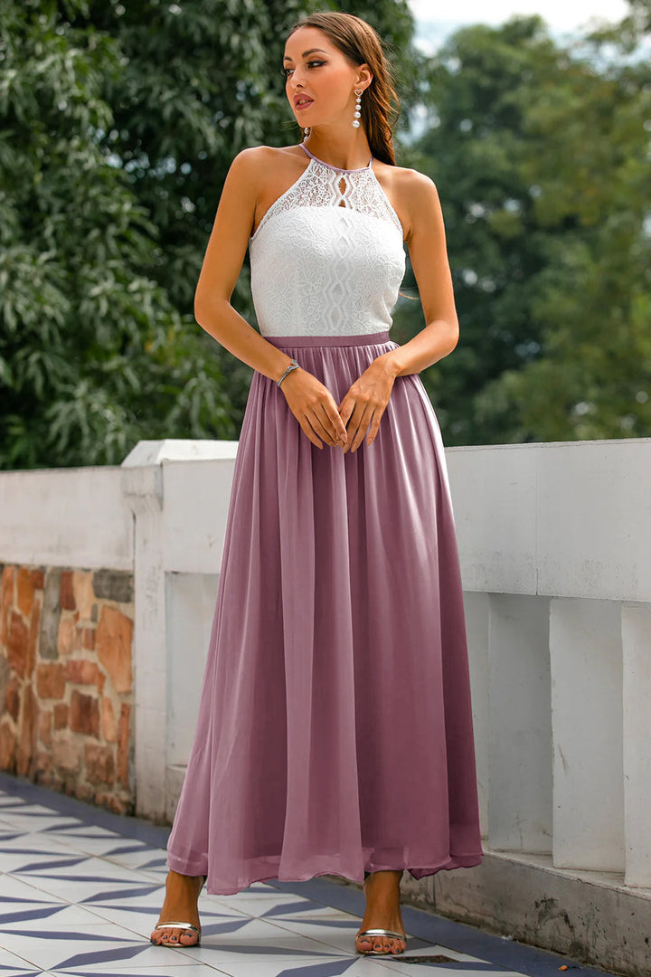 Isabelle | Lace Halter Neck Chiffon Maxi Dress