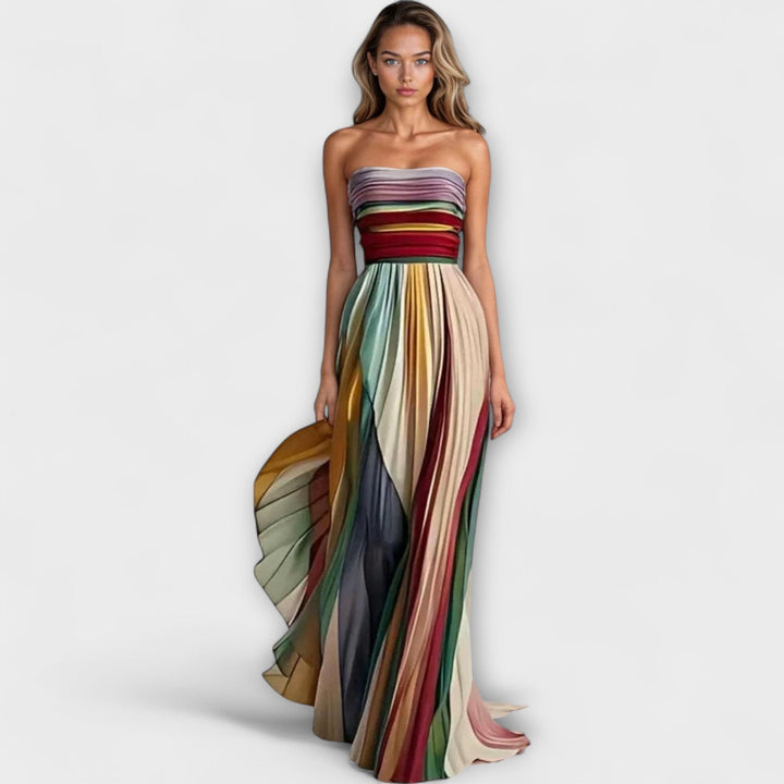 Prism | Multicolour Striped Strapless Pleated Maxi Dress