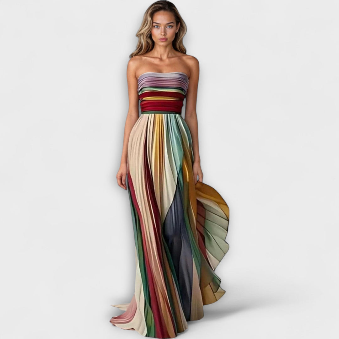 Prism | Multicolour Striped Strapless Pleated Maxi Dress