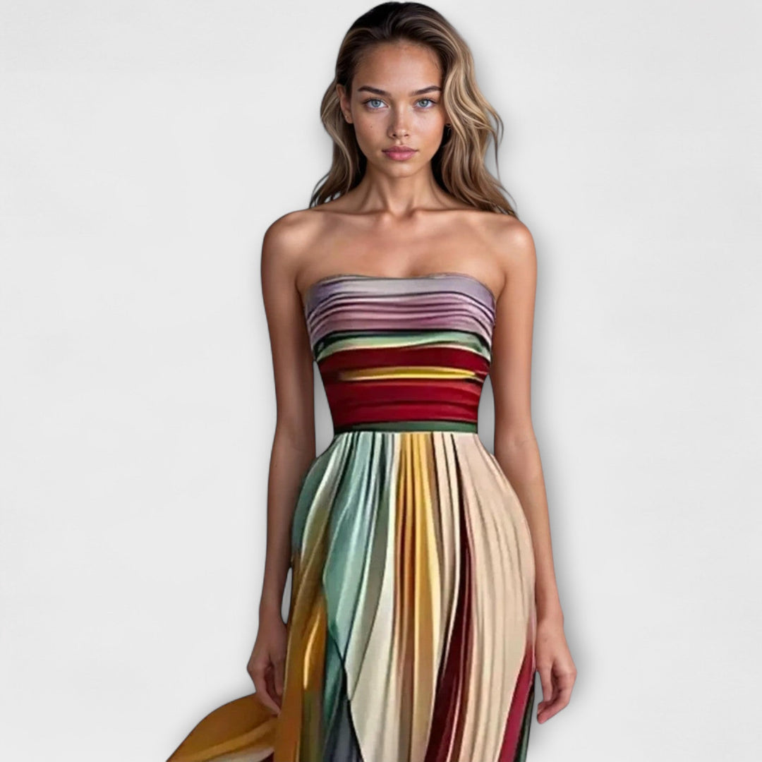 Prism | Multicolour Striped Strapless Pleated Maxi Dress