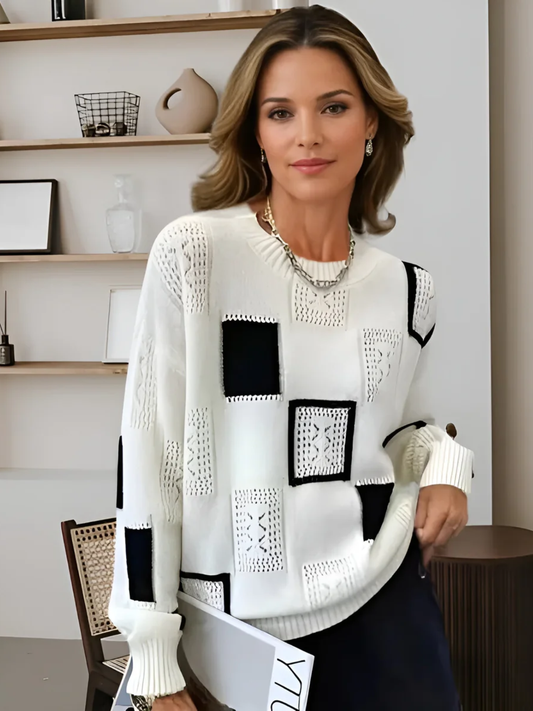 Vivian | Geometric Block Print Crew Neck Long Sleeve Knit Sweater