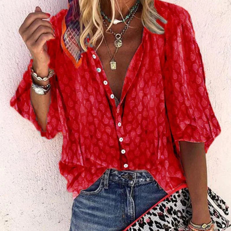 Ibiza | Textured Button-Front Batwing Sleeve Blouse