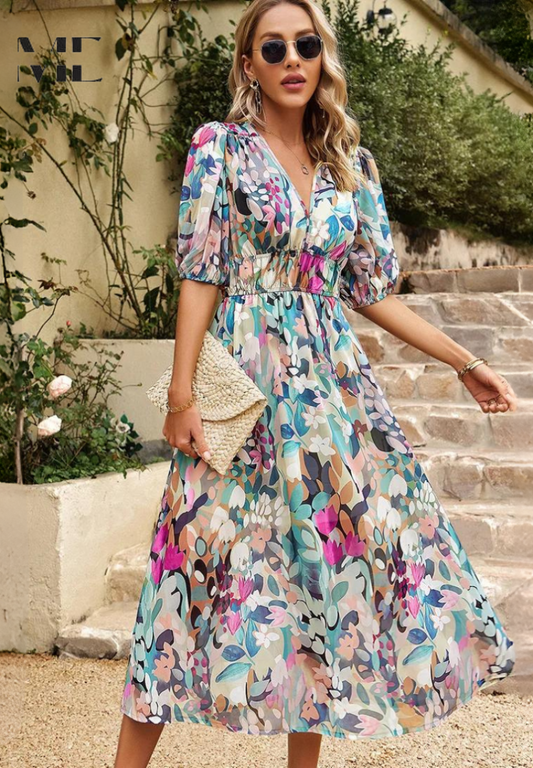 Iolanthe | Women's Floral Print Puff Sleeve Maxi Dress