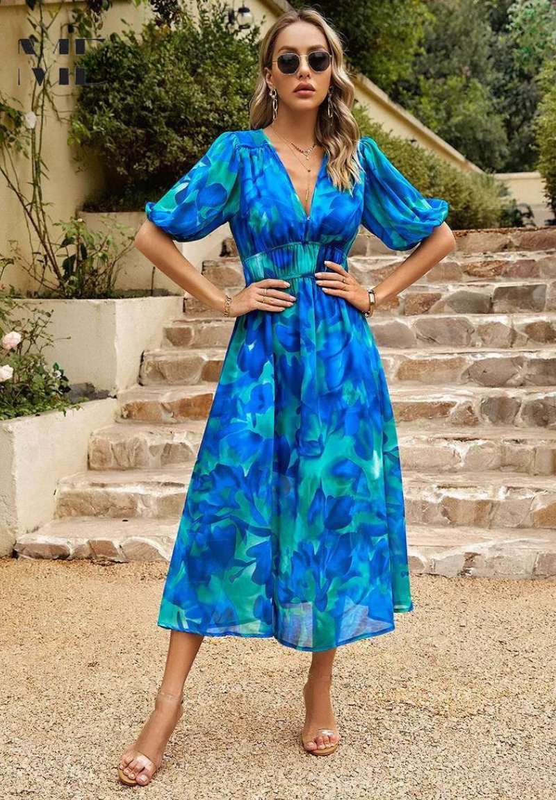 Celeste | Abstract Floral Puff Sleeve Elasticated Waist Midi Dress