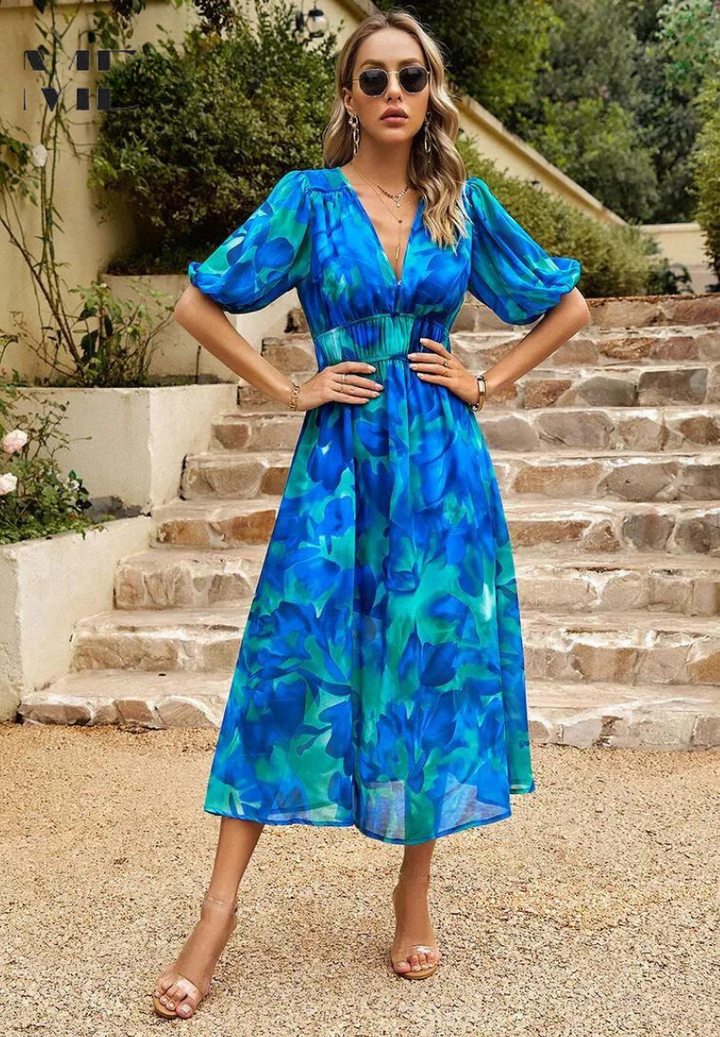 Celeste | Abstract Floral Puff Sleeve Elasticated Waist Midi Dress