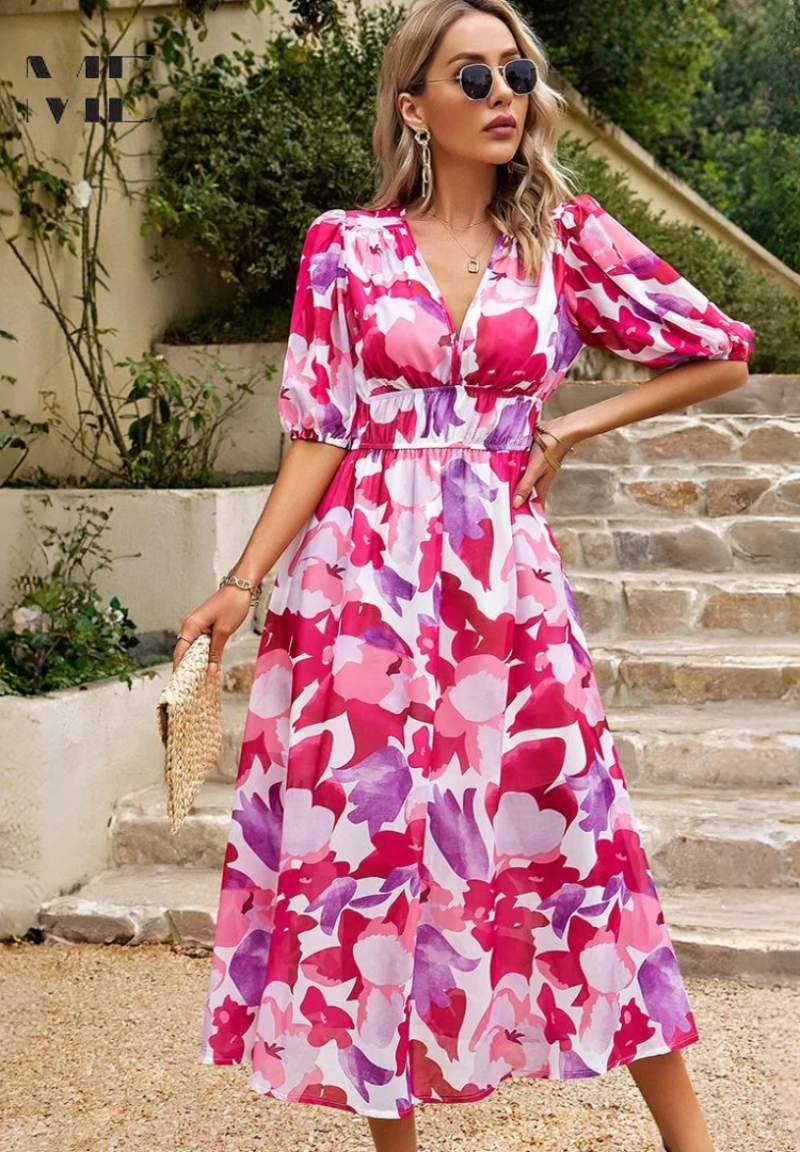 Celeste | Abstract Floral Puff Sleeve Elasticated Waist Midi Dress