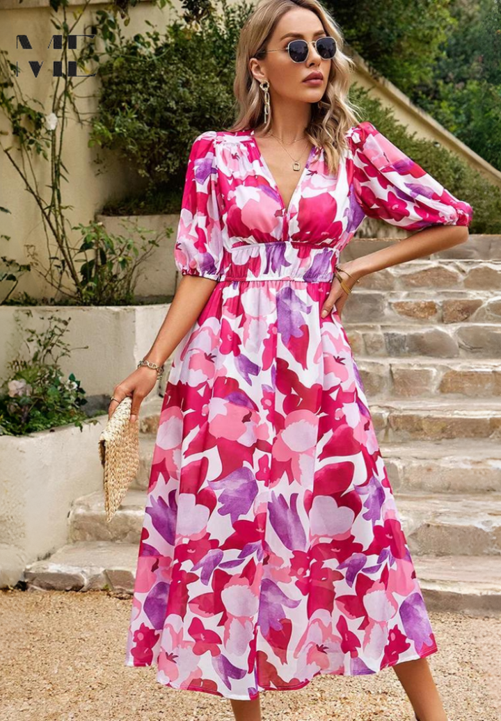 Celeste | Abstract Floral Puff Sleeve Elasticated Waist Midi Dress
