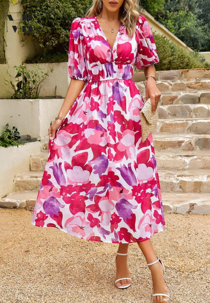 Celeste | Abstract Floral Puff Sleeve Elasticated Waist Midi Dress