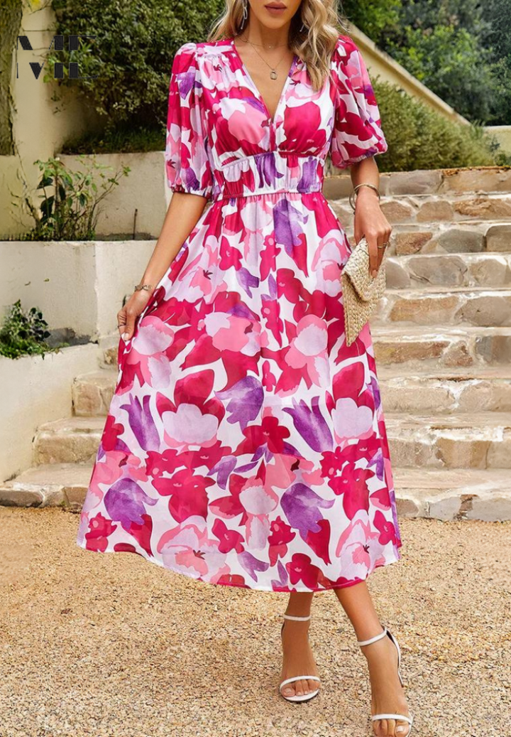 Celeste | Abstract Floral Puff Sleeve Elasticated Waist Midi Dress