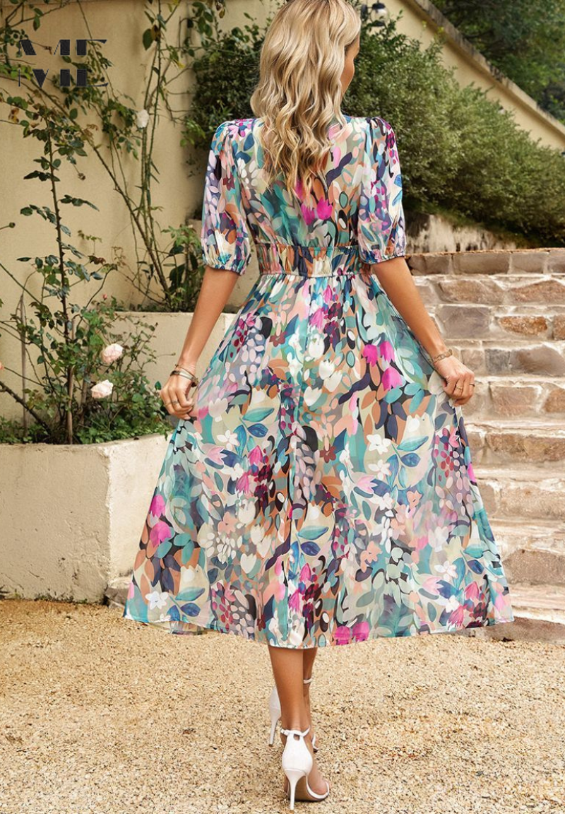 Celeste | Abstract Floral Puff Sleeve Elasticated Waist Midi Dress