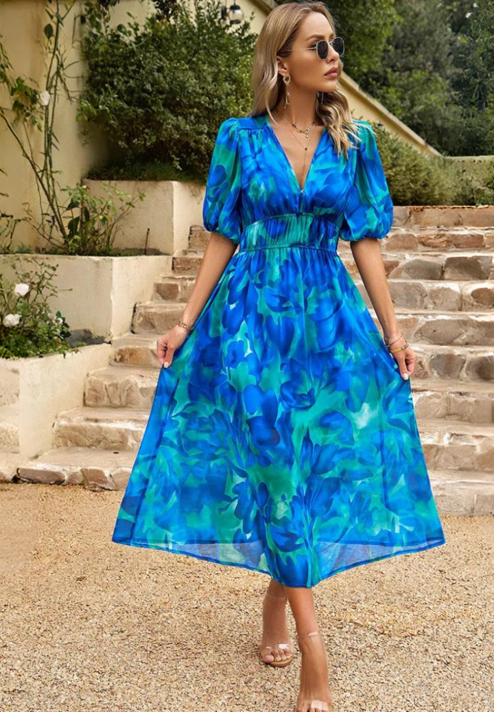 Celeste | Abstract Floral Puff Sleeve Elasticated Waist Midi Dress