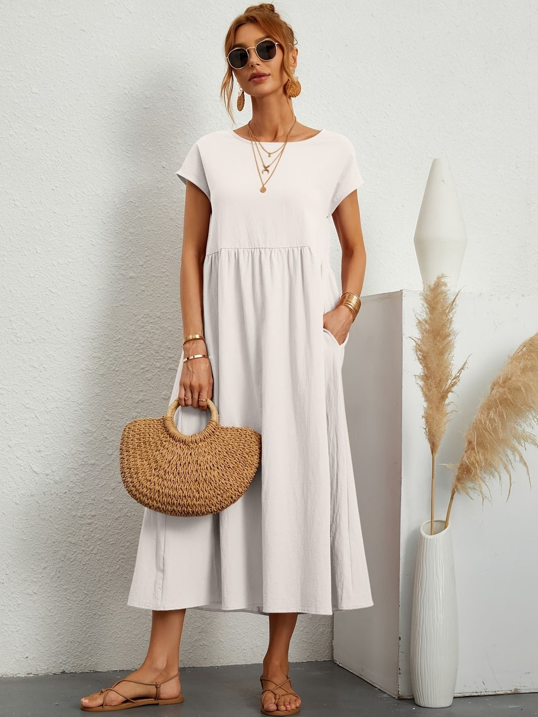 Lena | Round Neck Gathered Waist Short Sleeve Maxi Dress