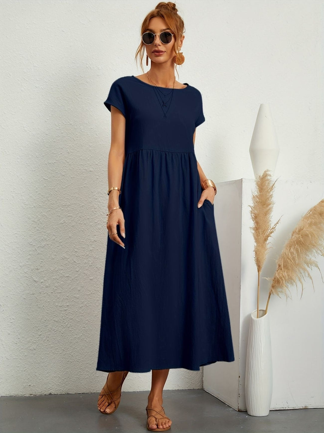 Lena | Round Neck Gathered Waist Short Sleeve Maxi Dress