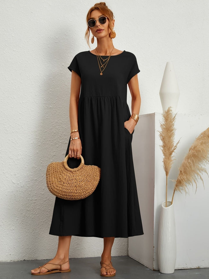 Lena | Round Neck Gathered Waist Short Sleeve Maxi Dress