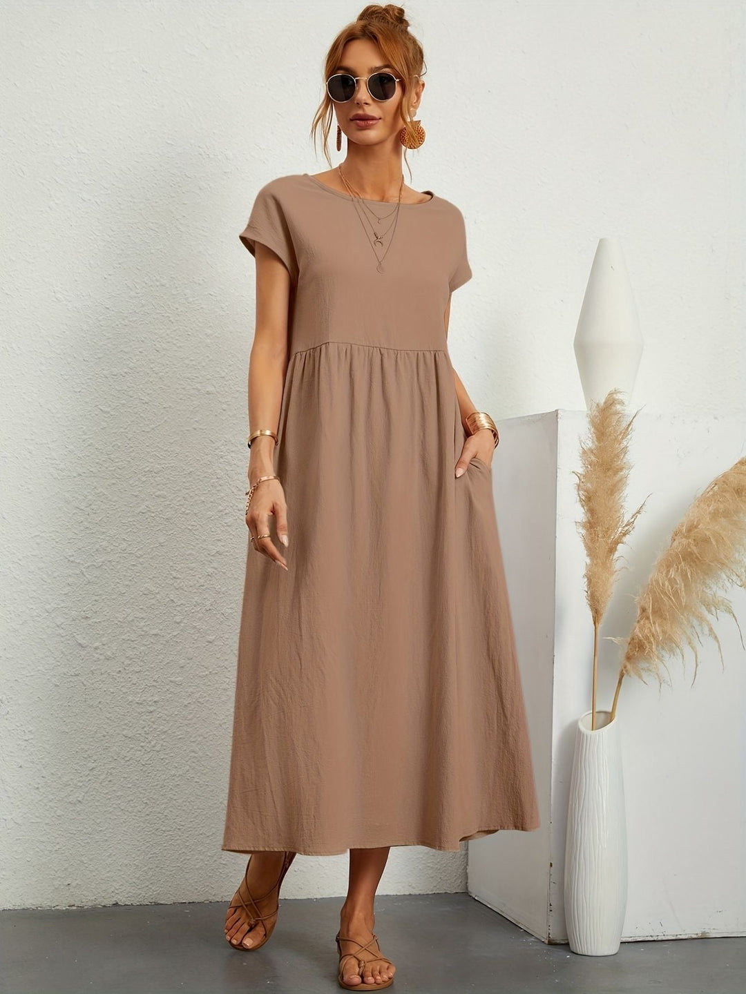 Lena | Round Neck Gathered Waist Short Sleeve Maxi Dress
