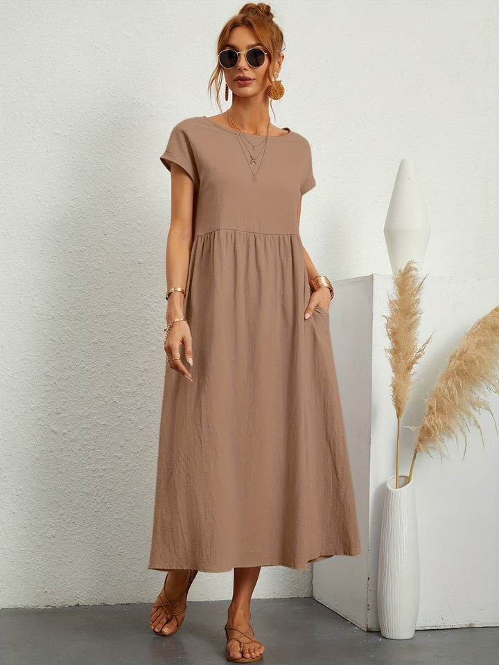 Lena | Round Neck Gathered Waist Short Sleeve Maxi Dress