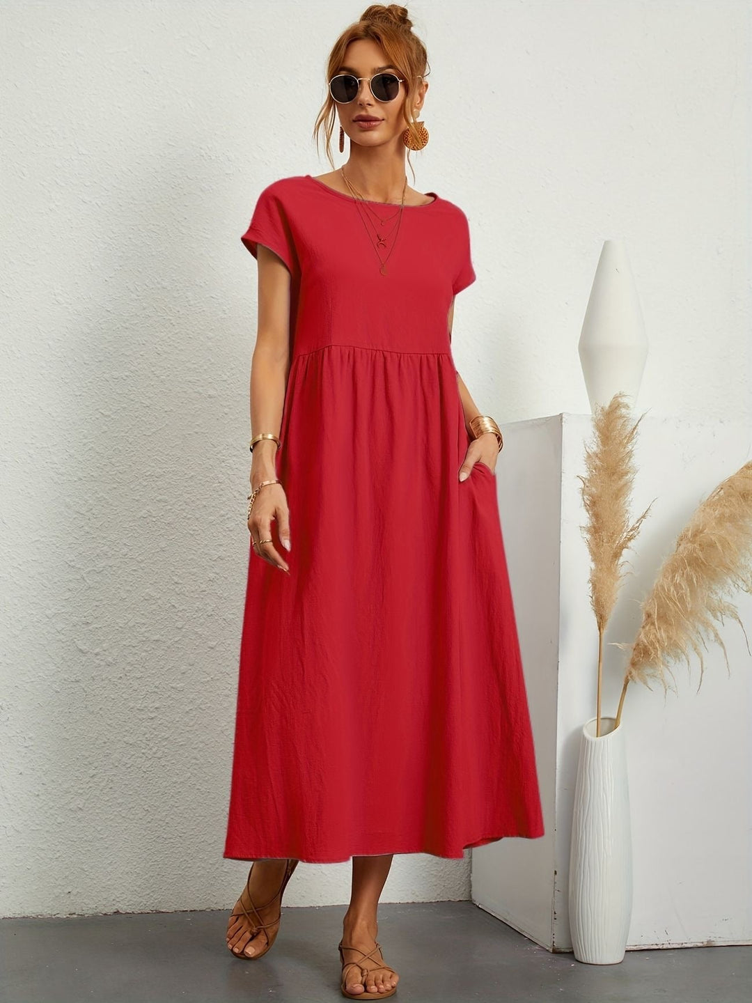 Lena | Round Neck Gathered Waist Short Sleeve Maxi Dress