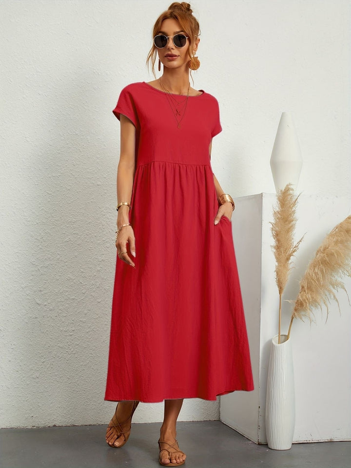 Lena | Round Neck Gathered Waist Short Sleeve Maxi Dress