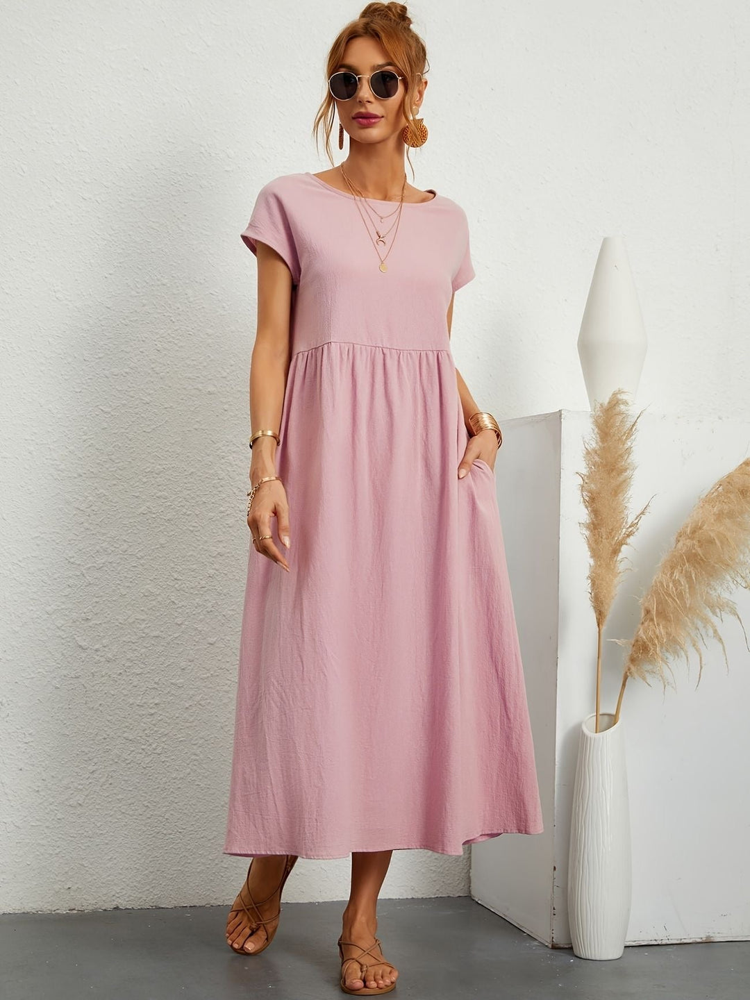 Lena | Round Neck Gathered Waist Short Sleeve Maxi Dress